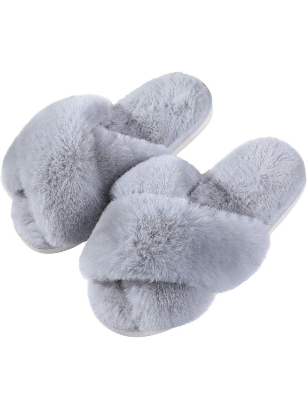 Womens Grey Faux Fur Memory Foam Fuzzy House Slippers Soft Open-Toe Slippers
